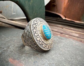 Size 13.5 Signet Ring Turquoise Channel Inlay on Large Stamped Sterling Silver Southwestern