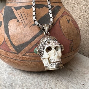 Three-Dimensional Carved Bone Skeleton Skull Pendant in Silver Plated Bezel w/ Vintage Chain