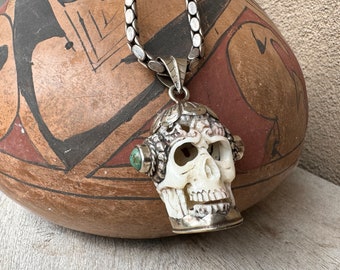 Three-Dimensional Carved Bone Skeleton Skull Pendant in Silver Plated Bezel w/ Vintage Chain