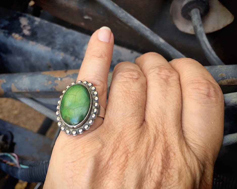 Fred Harvey Era Green Turquoise Ring for Women Size 4.5, Old Pawn