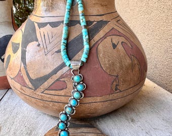 Turquoise Sterling Silver Caterpillar Pendant 3" on Heishi Necklace 18", Navajo Sheila Tso