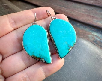 Vintage Navajo Blue Turquoise Flat Flush Dangle Earrings, Simple Sterling Silver Setting