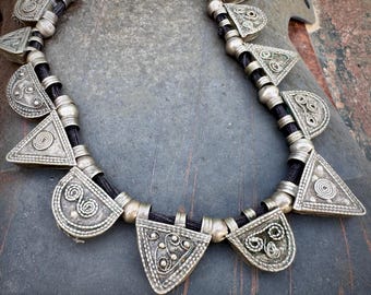 Vintage Tribal Silver Telsum Pendant Necklace Approx 35" Distressed Twine, Ethiopian Jewelry