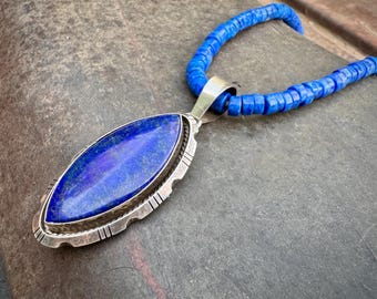Navajo Sterling Silver Lapis Pendant on Heishi Choker Approx 16", Southwestern Necklace