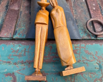 Vintage Mexican Modernist Wood Sculpture Man Woman Figurals, Midcentury Latin American Art