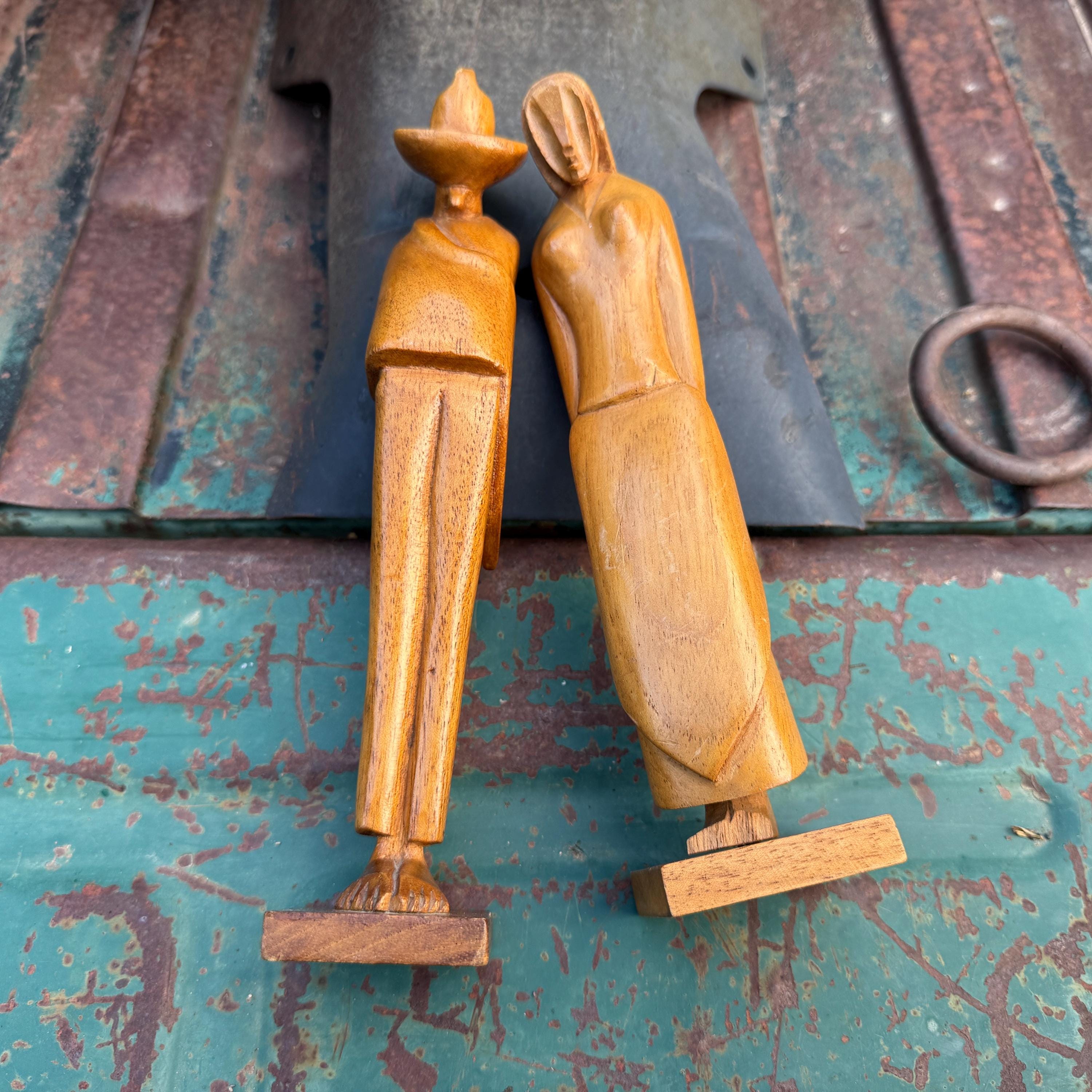 Vintage Mexican Modernist Wood Sculpture Man Woman Figurals