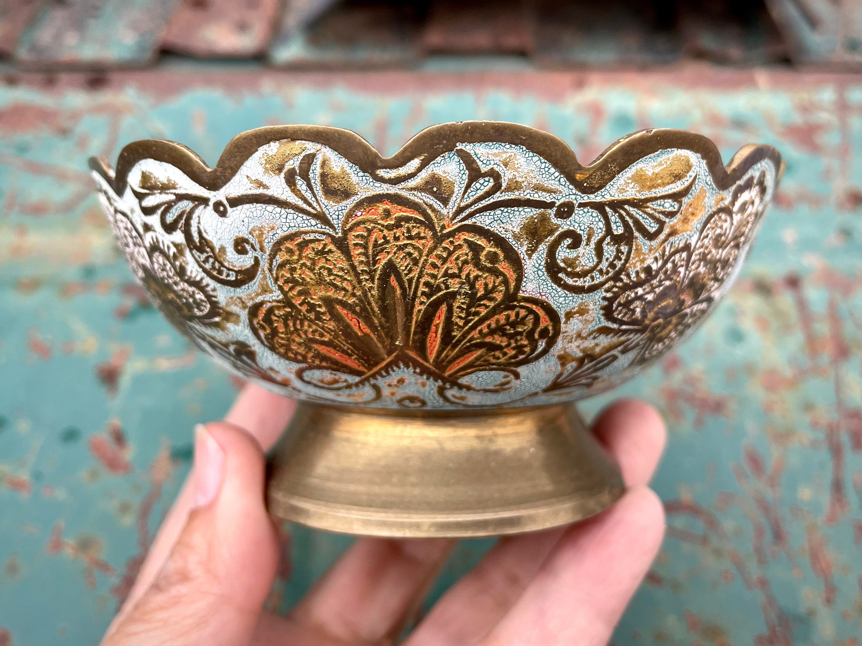 Small Vintage Etched Painted Brass Bowl with Peacock Design, Made in India,  Trinket Dish