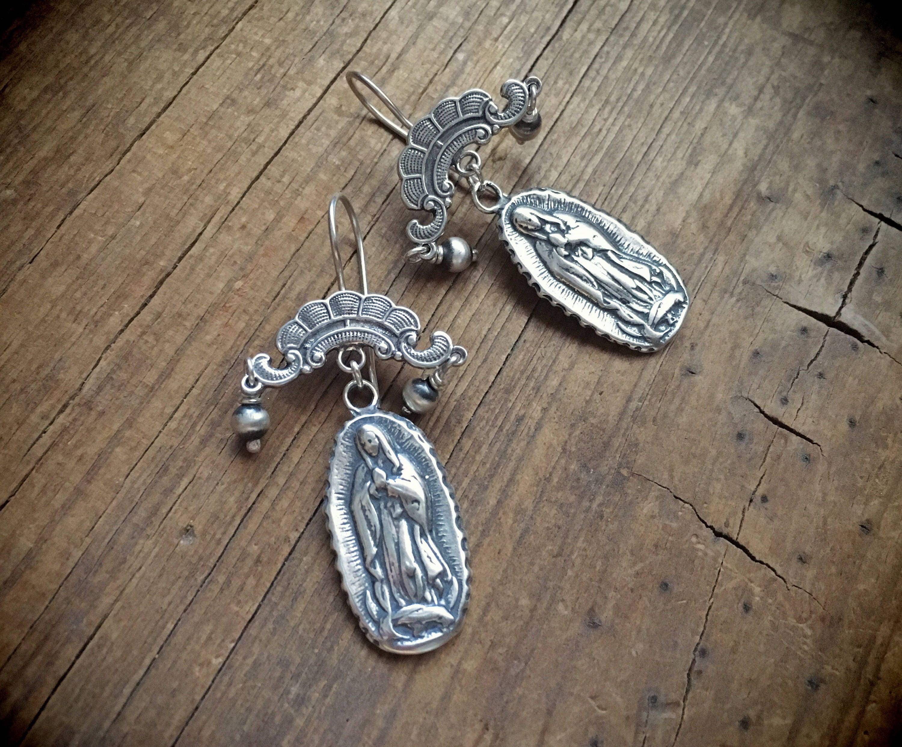 Vintage Silver Earrings Nuestra Virgen de Guadalupe Our Lady of Guadalupe, Mexican Silver