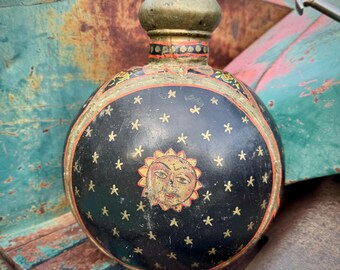 Vintage Painted Metal India Water Jug or Bottle, Distressed Faded Dented, Celestial Design
