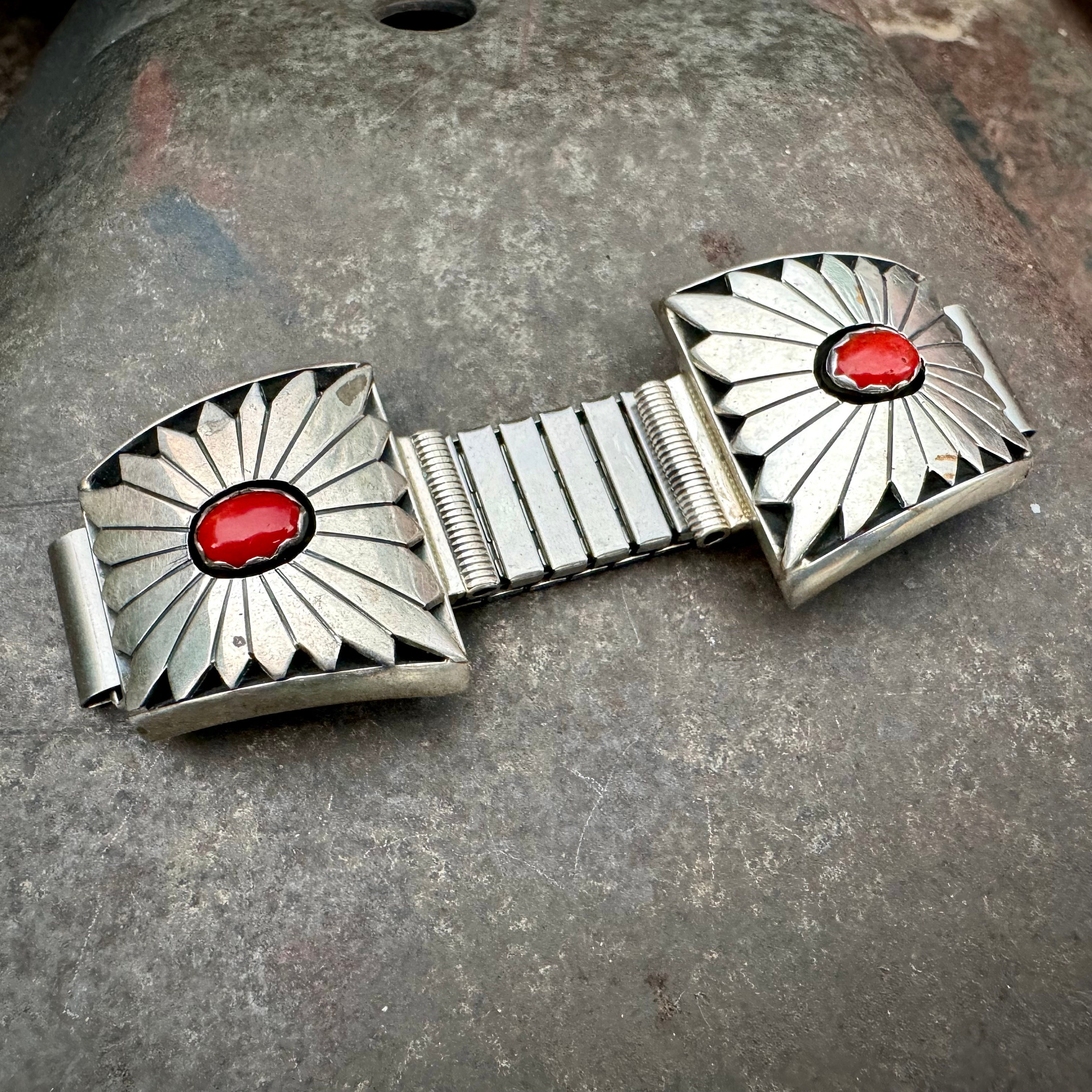 Concho Belt Cuff! Vintage Native American Navajo Coral Sterling Silver Bracelet Concho Belt Cuff! Vintage Native American Navajo Coral Sterling Silver Bracelet