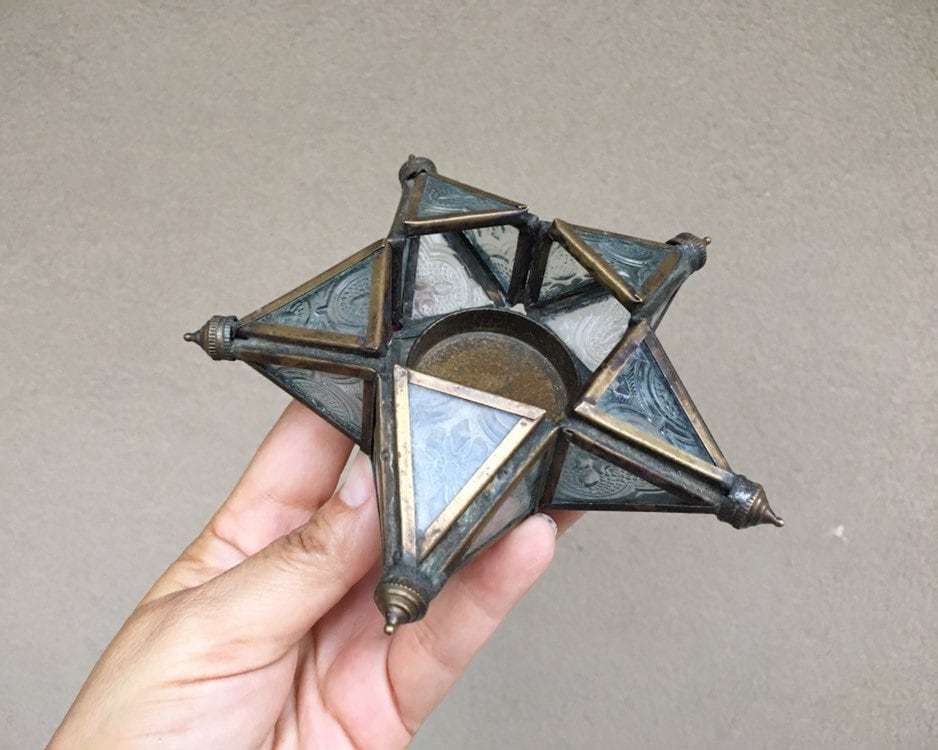 Small Metal and Pressed Glass Star Votive Candle Holder, Moroccan Star