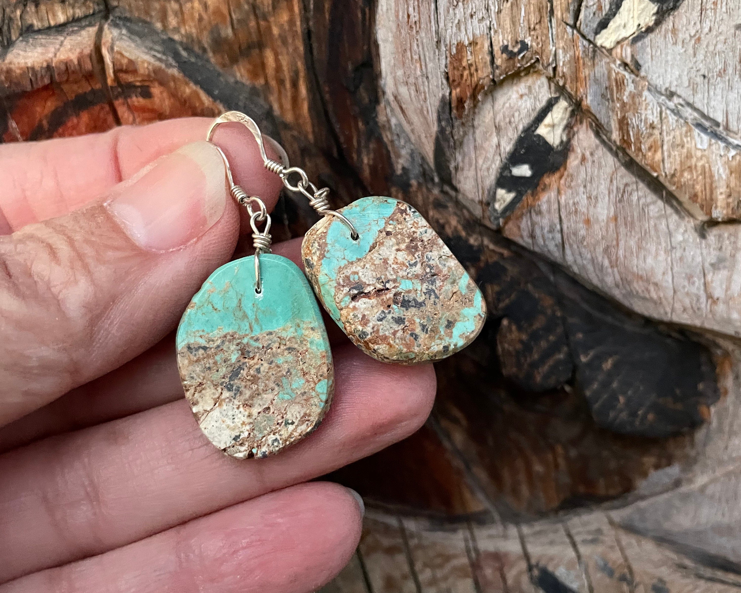Southwestern Santo Domingo Pueblo Jewelry Green Boulder Turquoise Slab Earrings Medium-Small Size Gift Under 50 Girlfriend Sister Friend