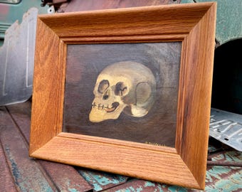 Vintage Framed Painting Skull on Canvas Board Cut on Two Sides, Memento Mori Day of the Dead