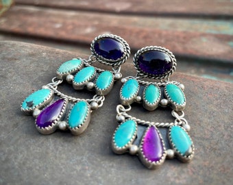 2-1/4" Long Amethyst Turquoise Earrings for Women, Native America Indian Jewelry, 11th Anniversary