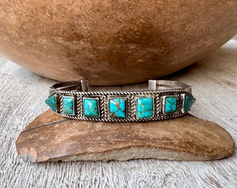 Vintage Square Stone Turquoise Row Bracelet Size 6.5, Old Pawn