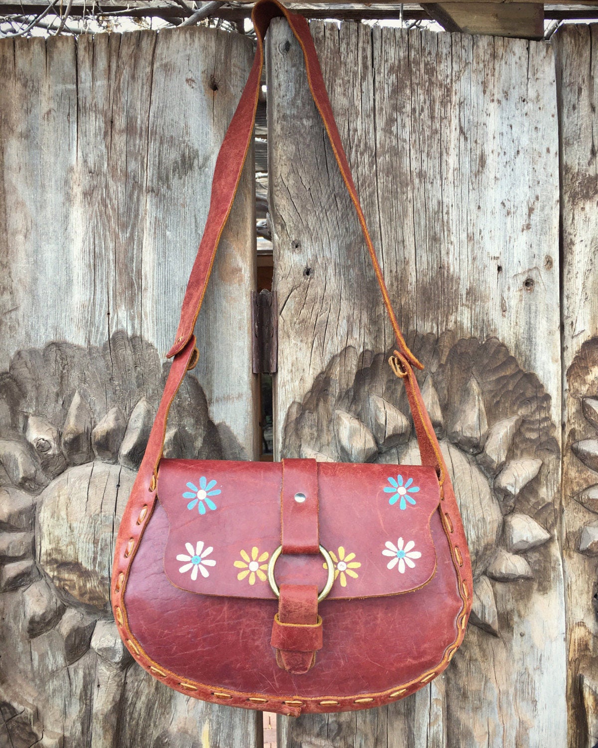 Vintage Mexican painted flowers leather purse slip through brass
