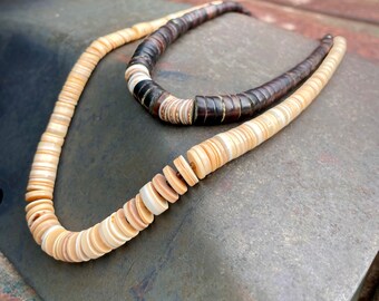 Two Vintage Shell Heishi Choker Necklaces, Longer Spiny Oyster 20", Shorter 14.5", Southwest Style