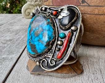 Vintage Navajo Bracelet Large Turquoise Stone Size 6.375, Coral Onyx Buffalo Nickels