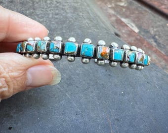Navajo Raymond Betsoi Narrow Row Bracelet Approx Size 6 Mojave Turquoise Spiny Oyster