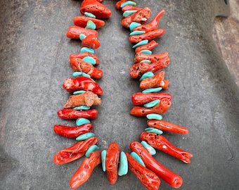 Vintage Natural Red Coral Branch Beads and Turquoise Necklace Approx 30", Southwestern Jewelry