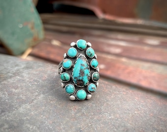 Old Navajo Bisbee Turquoise Cluster Ring Approx Size 6.5, Native American Indian Jewelry Women's Men's, December Birthstone Birthday Gift