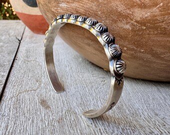 Navajo Martha Cayatenito Narrow Sterling Silver Starburst Button Cuff Bracelet Approx 6.25"