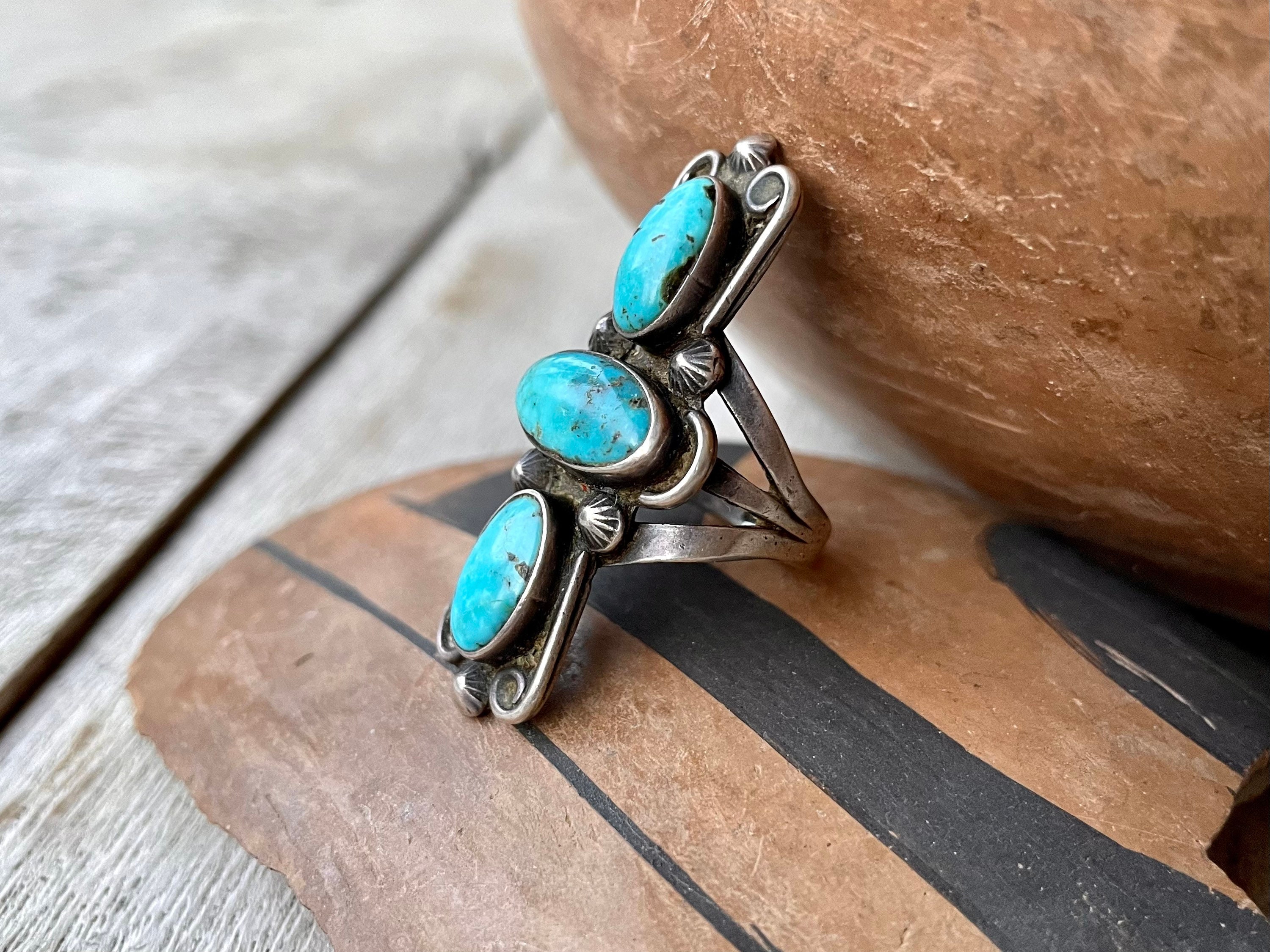 1940s Three-Stone Natural Turquoise Ring UITA22 Dean Kirk Trading