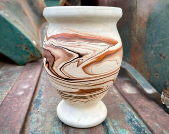 Vintage Nemadji Pottery Clay Vase 5.75" Tall Brown Swirl Earthy, Mid Century Route 66 Tourist