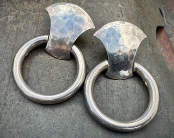 Vintage Silver Hoop Earrings Medium-Large Size, Sterling Jewelry 1980s Doorknocker Style