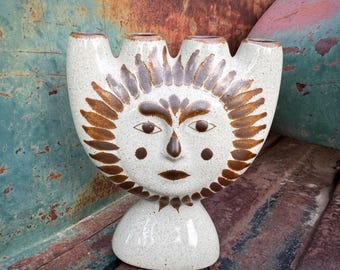 Midcentury Tonala Pottery Sun Face Candelabra in Jorge Wilmot Style, Mexican Folk Art