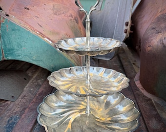 Vintage Three-Tier Silver Plate Dessert Stand, Tarnished Patina, Taken Apart for Shipping