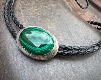 Vintage Malachite Sterling Silver Concho Bolo Tie, Western Necktie