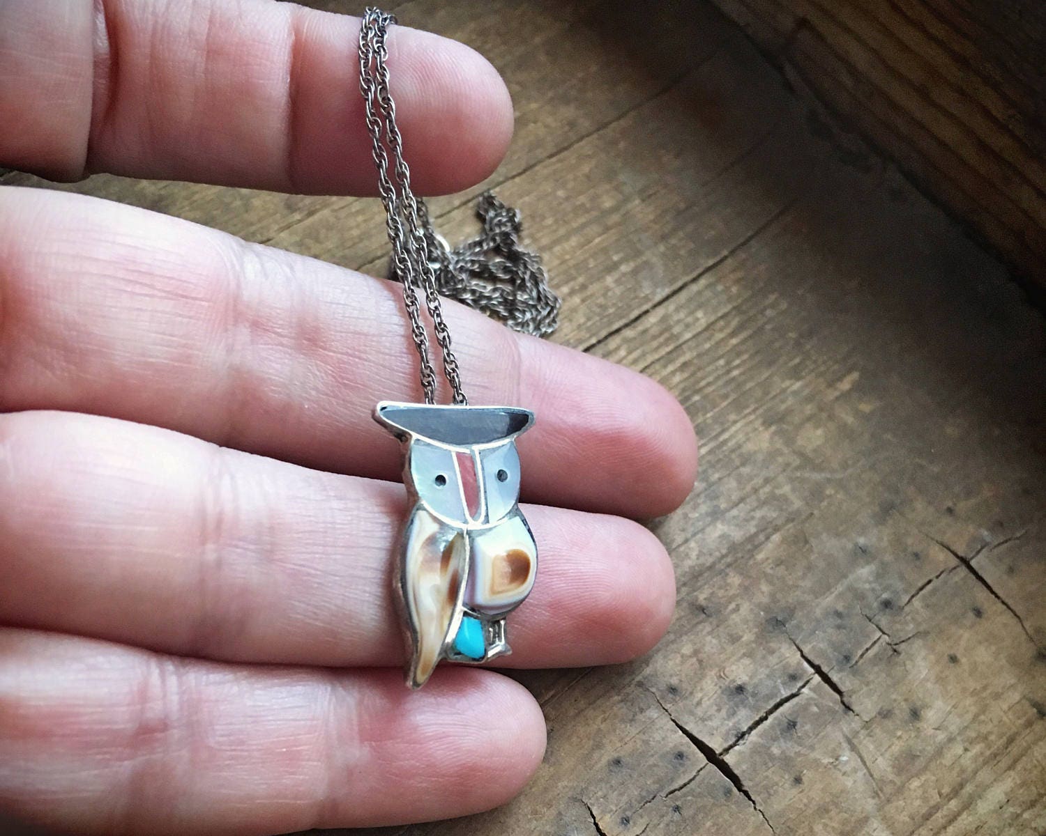 Vintage owl necklace turquoise Mother of Pearl silver channel inlay ...
