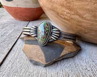 Navajo Sandcast Silver Turquoise Cuff Bracelet, Kirk Smith, Green Matrixed Stone