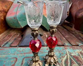Pair Victorian Style Bronzed Metal and Lucite Votive Candle Holders, Country Farmhouse Decor