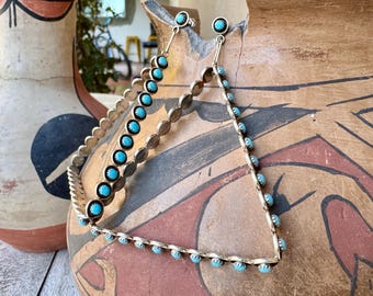 Sterling Silver Turquoise Triangle "Hoop" Earrings Approx 3.25" Long, Zuni Statement Jewelry