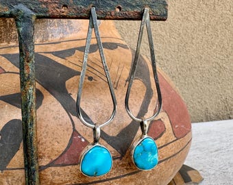 Hammered Sterling Silver Teardrop Post w/ Blue Turquoise Drop, 3" Long, Contemporary Southwest