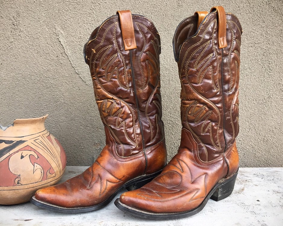 Vintage Quilted Brown Leather Cowboy Boots Men's Size 8 D with Flame ...