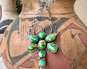 Sterling Silver Sonoran Gold Turquoise Butterfly or Dragonfly Bar Pendant 20”, Navajo Jewelry