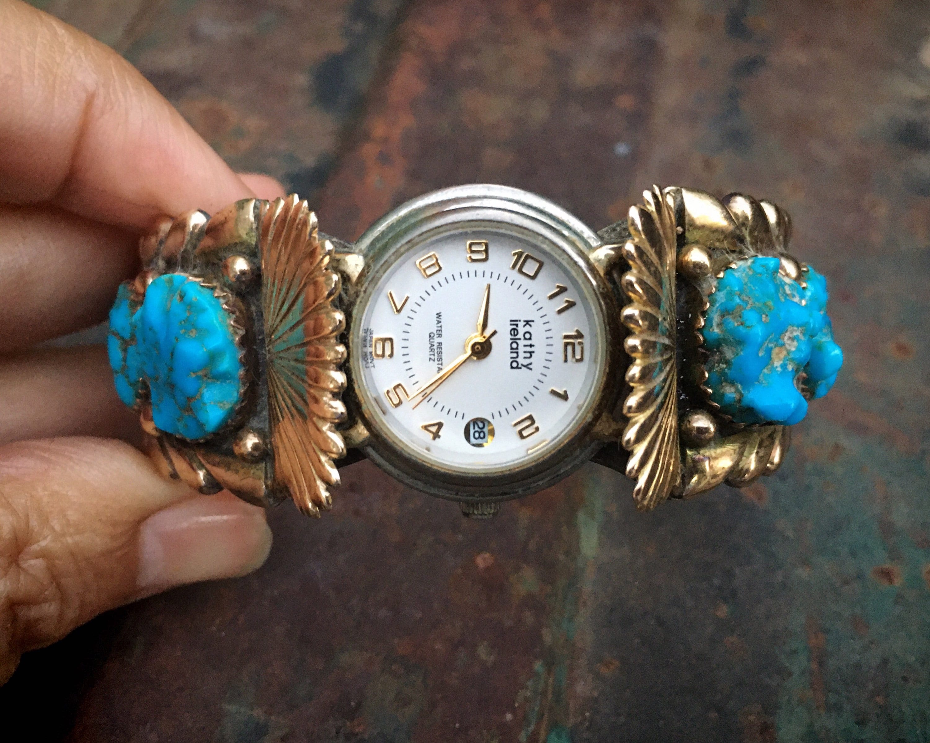 Zuni Wayne & Virginia Quam 14k Overlay Turquoise Watch Cuff for Women,  Native American Indian Jewelry, Wrist Watch Band for Wife Mom Sister
