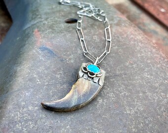 Vintage Claw Pendant w/ Silver Cap Turquoise on Dainty Paperclip Chain, Native American Jewelry