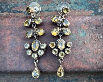 Sterling Silver Cluster Earrings w/ Yellow Gemstones, Dangle Posts