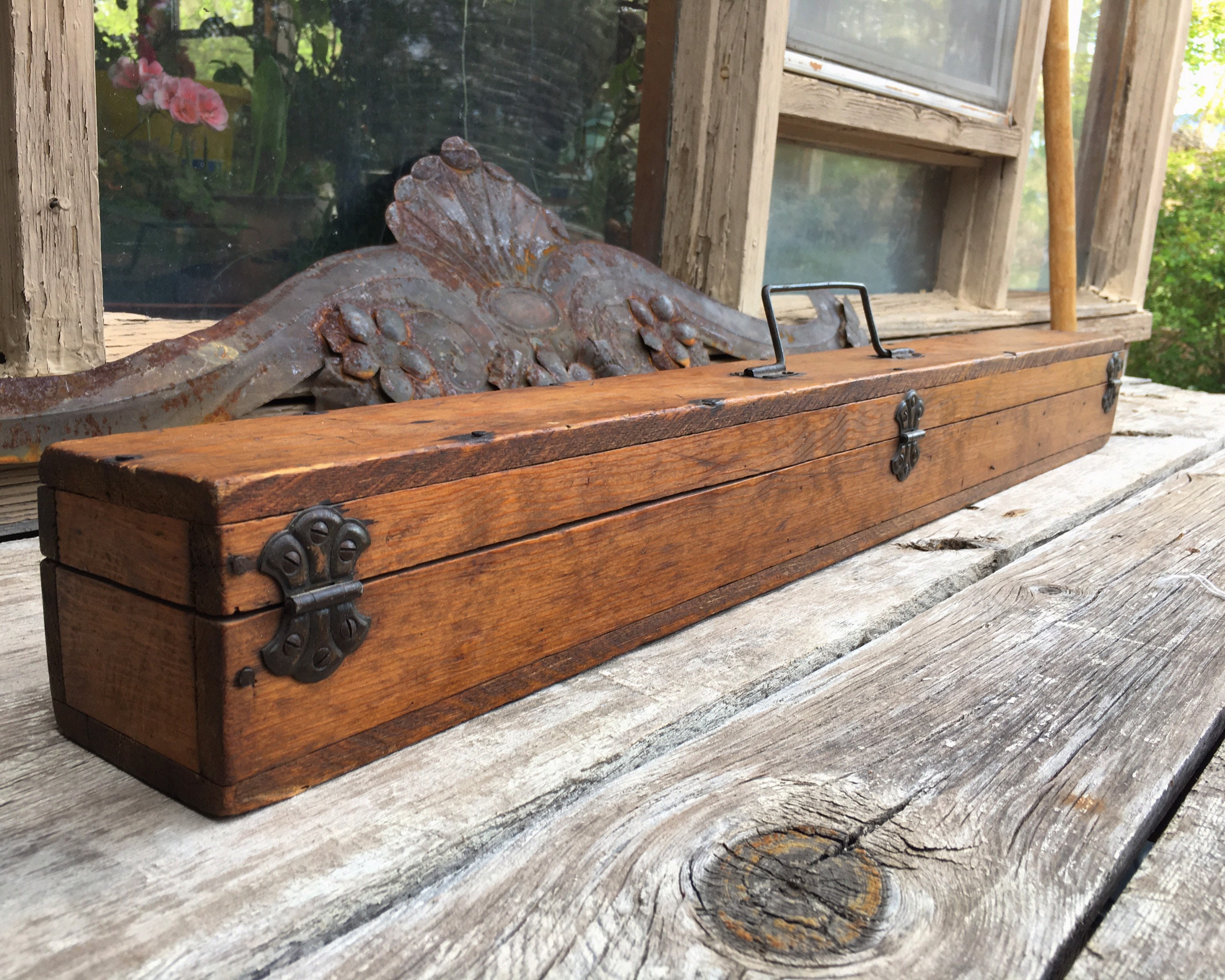 Early 1900s Antique Stained Pine Wooden Box for Fishing Pole