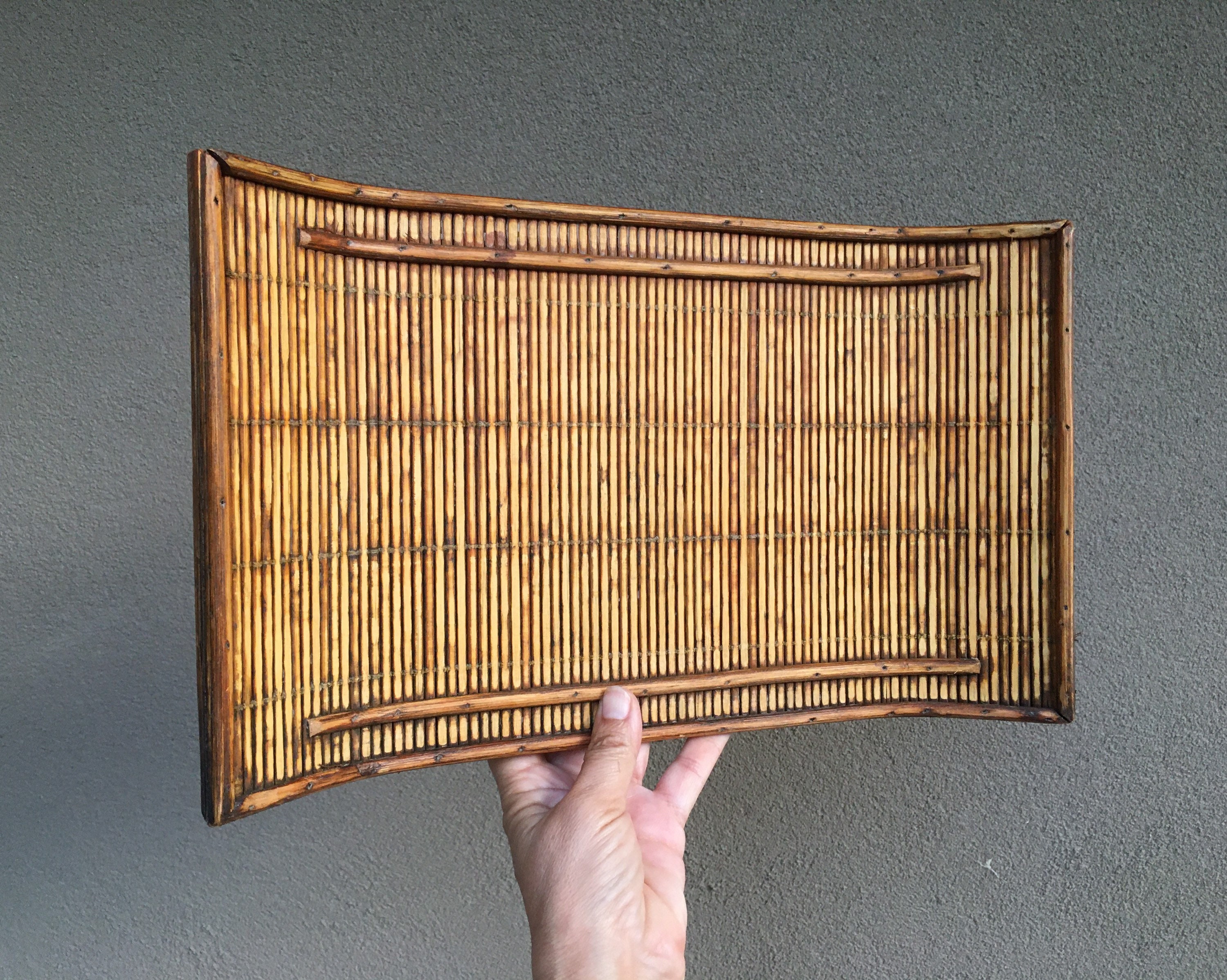 Pair of Tabletop Chinese Bamboo Reed Serving Trays Upturned with Low