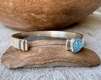 Vintage Lilly Barrack Open Cuff Bracelet Approx Size 7 Sterling Silver Rough Aquamarine