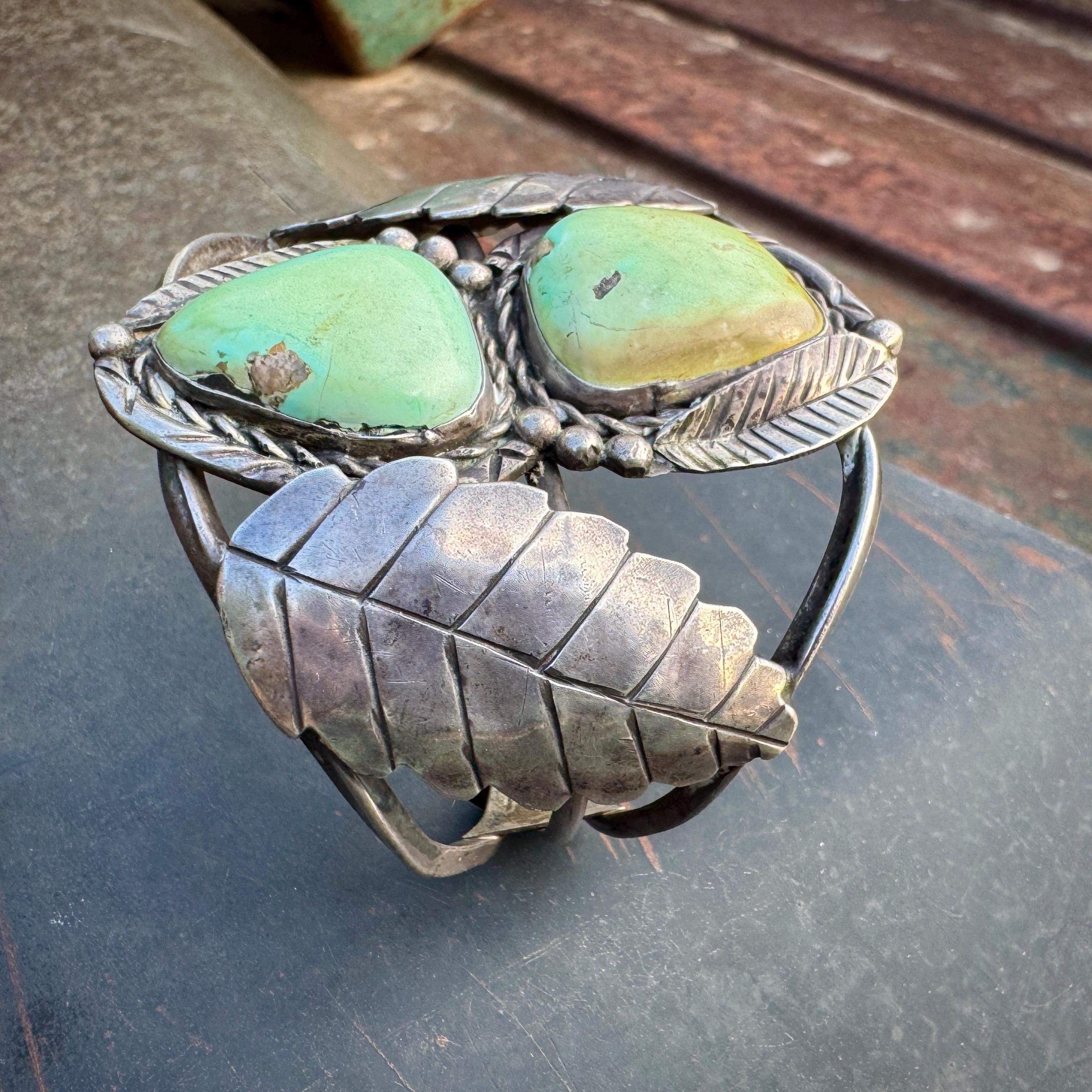 Leaf Protection Vintage Native American Navajo Turquoise Sterling Silver Bracelet Cuff Old Leaf Protection Vintage Native American Navajo Turquoise Sterling Silver Bracelet Cuff Old