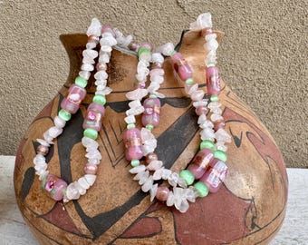 Extra Long Glass Bead Pink & Mint Green Necklace Approx 36", Rose Quartz Bohemian Jewelry