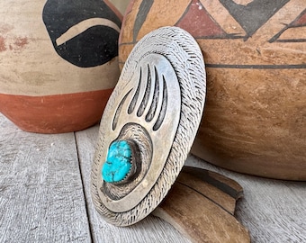 Vintage Turquoise Sterling Silver Bearpaw Pendant 3.25" by Chippewa Phillip J. Morse Jr.