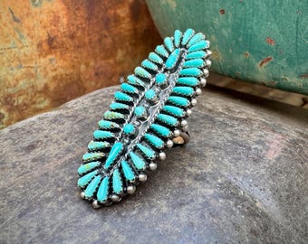 Extra Long Petit Point Turquoise Cluster Ring Approx Size 8 (Slightly Adj), 2.5" Oval Shape