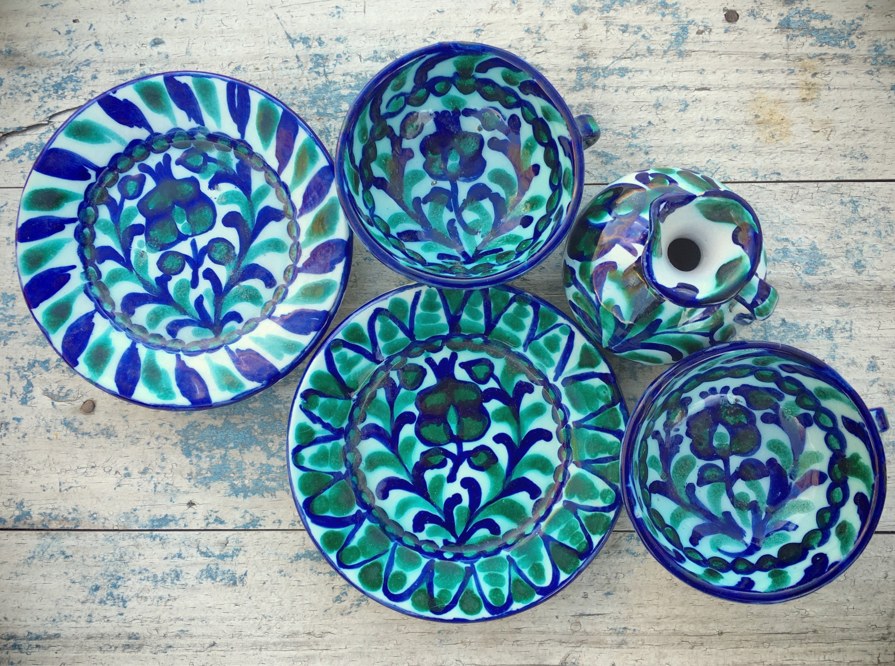 Vintage Granada Spain Pottery Cups and Saucers, Pomegranate Decor